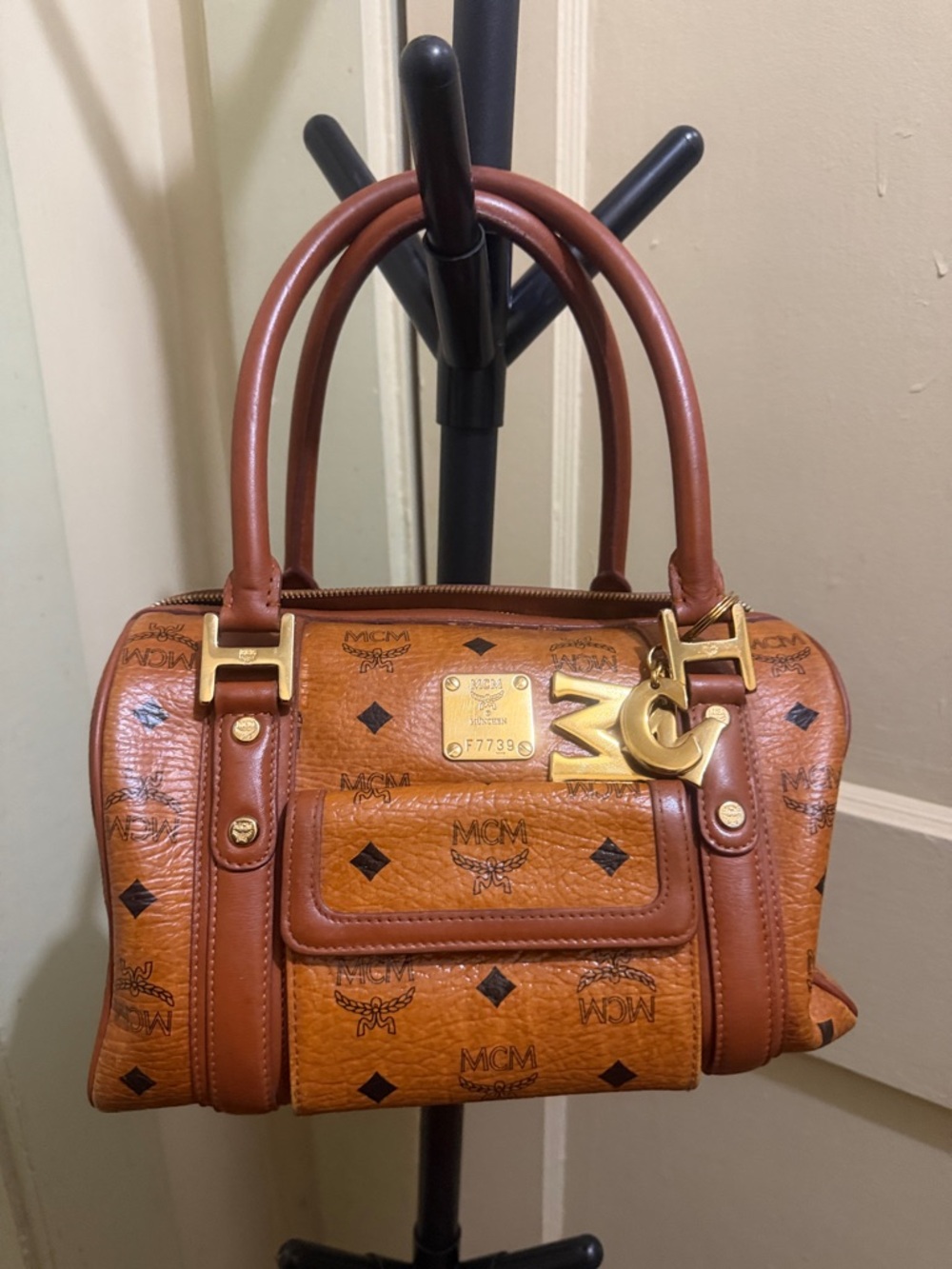 MCM Cognac Visetos Satchel with Gold Hardware